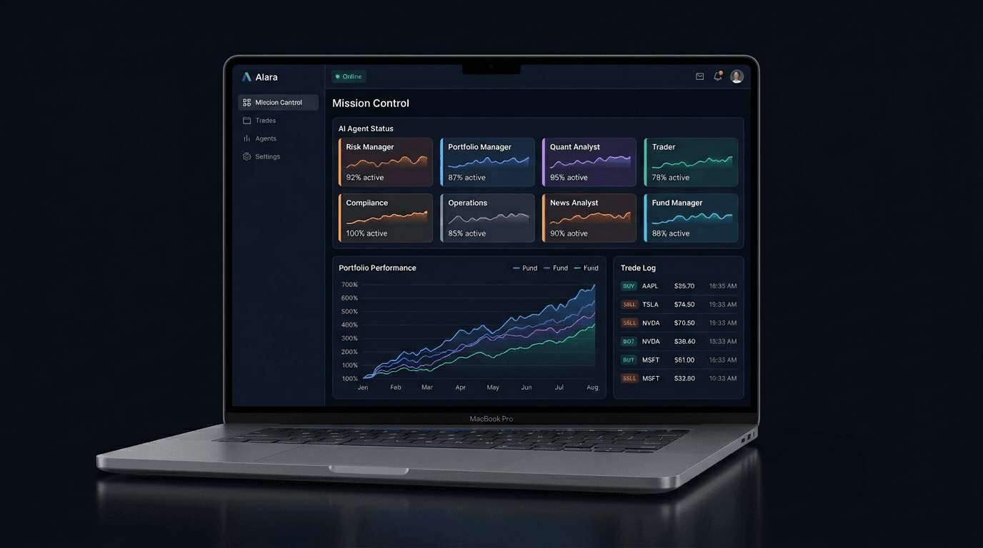 Alara Mission Control dashboard showing AI agents, NAV performance, and trade log